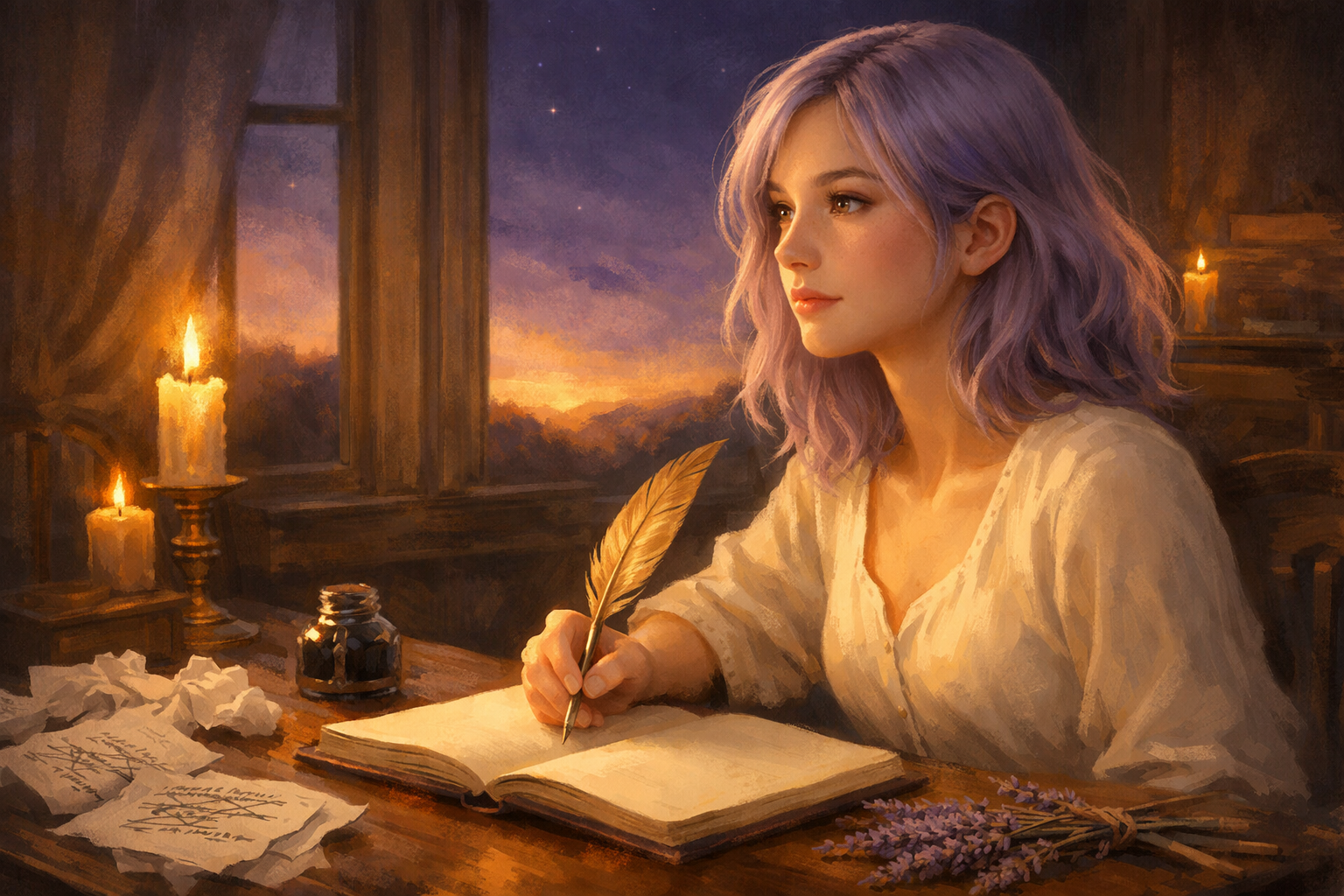 Mi sitting at a candlelit desk, holding a golden pen above a blank journal, ready to write a new chapter